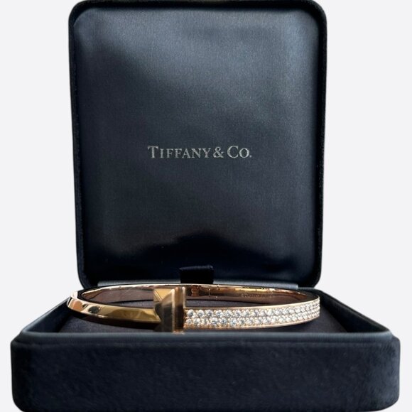 Tiffany 18K Rose Gold Diamond T1 Wide Hinged Bangle Bracelet - Main Image